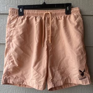 Playboy Shorts Men's M light Orange Coral Pacsun Swim Trunks Bunny Logo Pockets